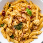 Creamy Marry Me Chicken Pasta in a white bowl, featuring penne pasta, tender chicken pieces, sun-dried tomatoes, fresh basil, and a sprinkle of black pepper, garnished with a single basil leaf.