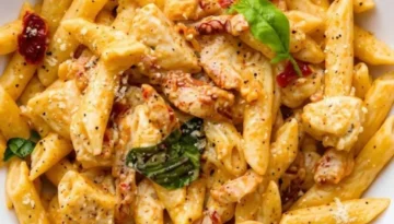 Creamy Marry Me Chicken Pasta: Easy & Irresistible Recipe Creamy Marry Me Chicken Pasta in a white bowl, featuring penne pasta, tender chicken pieces, sun-dried tomatoes, fresh basil, and a sprinkle of black pepper, garnished with a single basil leaf.
