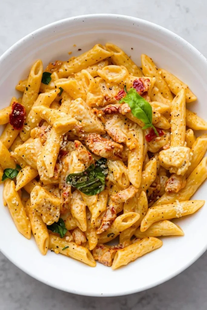 Creamy Marry Me Chicken Pasta in a white bowl, featuring penne pasta, tender chicken pieces, sun-dried tomatoes, fresh basil, and a sprinkle of black pepper, garnished with a single basil leaf.