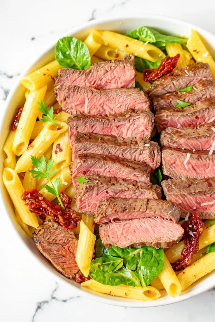 Close-up of a bowl of steak pasta, featuring perfectly cooked penne pasta, sliced medium-rare steak, sun-dried tomatoes, fresh spinach, and grated Parmesan cheese, garnished with fresh parsley and red pepper flakes.