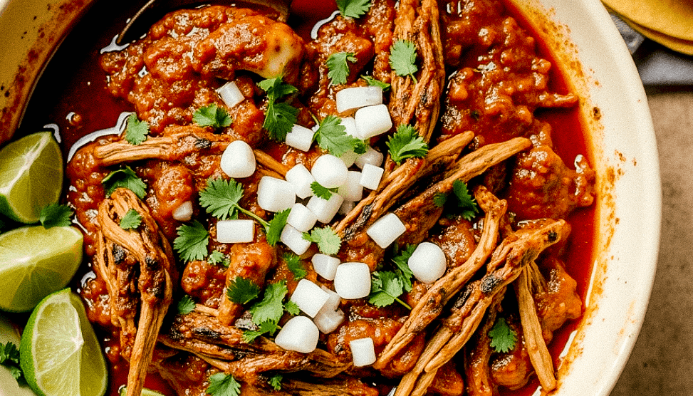 A bowl of Beef Birria, a traditional Mexican stew, garnished with cilantro and lime.