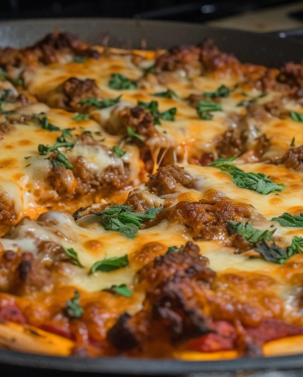 Cheesy birria pizza topped with ground birria meat, melted mozzarella, and fresh cilantro garnish.