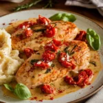 Creamy Marry Me Chicken with sun-dried tomatoes, fresh basil, and mashed potatoes on a rustic plate, garnished with fresh basil leaves.