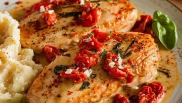 Irresistible Marry Me Chicken Recipe: A Creamy & Flavorful Dinner Creamy Marry Me Chicken with sun-dried tomatoes, fresh basil, and mashed potatoes on a rustic plate, garnished with fresh basil leaves.