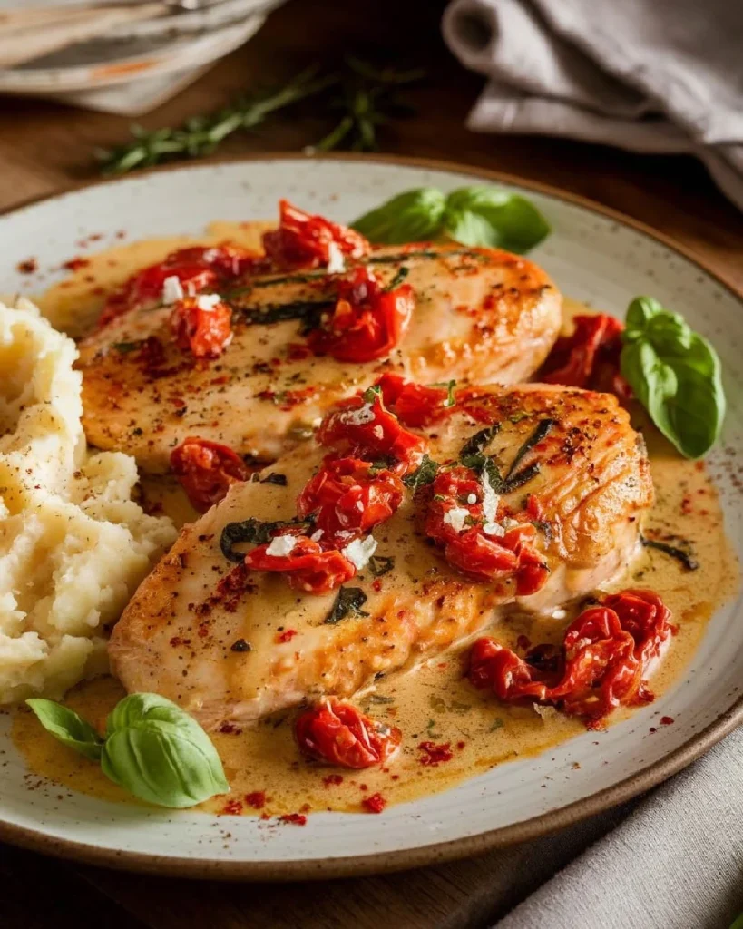 Creamy Marry Me Chicken with sun-dried tomatoes, fresh basil, and mashed potatoes on a rustic plate, garnished with fresh basil leaves.
