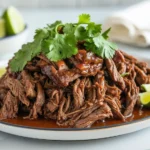 Shredded slow-cooked beef barbacoa served with fresh cilantro and lime wedges, perfect for tacos, bowls, or wraps.