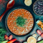 Ingredients for making birria sauce, including dried chilies, spices, garlic, and fresh herbs