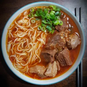 A steaming bowl of birria ramen with tender meat, ramen noodles, and fresh green onions.