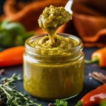 A rustic bowl of fresh Jamaican Green Seasoning made with cilantro, scotch bonnet peppers, garlic, and pimento seeds. Ideal for Caribbean jerk tacos, Thai coconut curries, Mediterranean grilled veggies, or spicy pasta dishes.