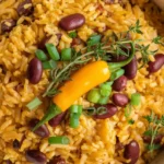 Traditional Jamaican Rice and Peas with coconut milk, kidney beans, and spices.