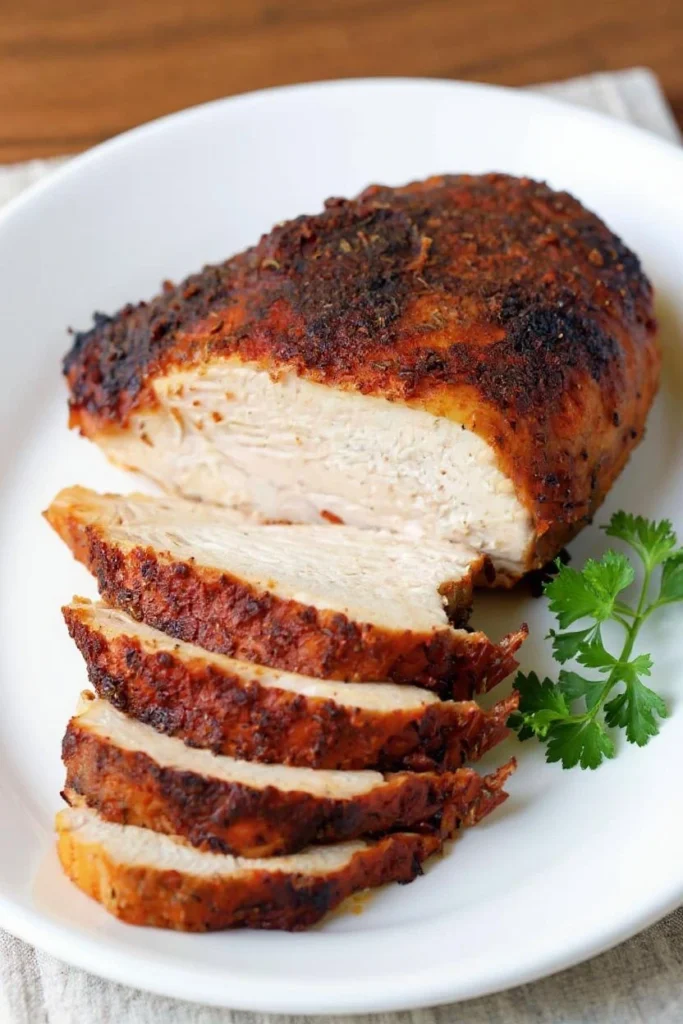 Close-up of a perfectly roasted boneless chicken breast with a crispy, seasoned golden-brown skin, partially sliced to reveal moist white meat, garnished with fresh parsley on a white plate.