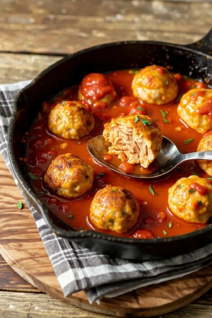 Homemade chicken meatballs simmering in a rich marinara sauce in a cast iron skillet, garnished with fresh herbs.