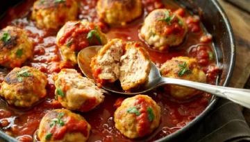 Chicken Meatballs in Marinara Sauce Juicy chicken meatballs simmering in marinara sauce, a cut-open meatball showing the tender interior. This photograph is part of a chicken meatball recipe and guide.