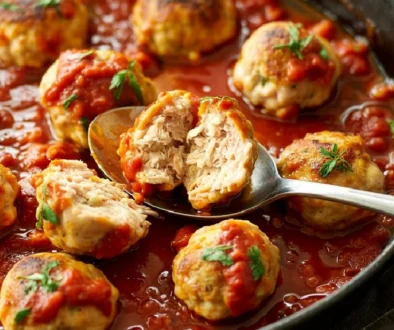 Juicy chicken meatballs simmering in marinara sauce, a cut-open meatball showing the tender interior. This photograph is part of a chicken meatball recipe and guide.