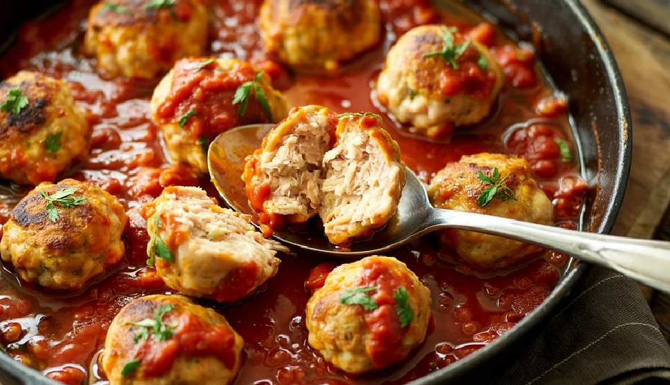 Chicken Meatballs in Marinara Sauce Juicy chicken meatballs simmering in marinara sauce, a cut-open meatball showing the tender interior. This photograph is part of a chicken meatball recipe and guide.