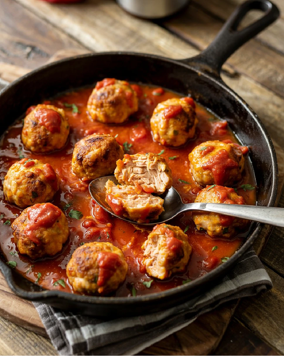 Chicken meatballs in marinara sauce served in a cast iron skillet.