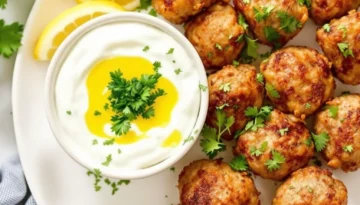 Easy Juicy Turkey Meatballs with Creamy Dipping Sauce Juicy turkey meatballs with parsley and dipping sauce on a white plate