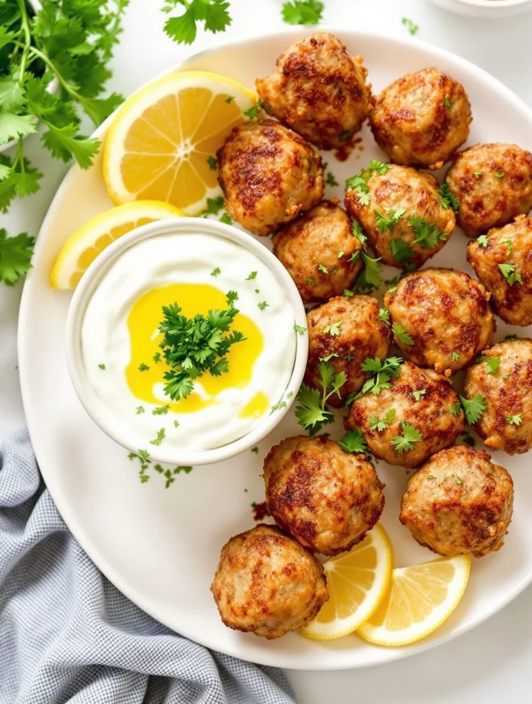 Juicy turkey meatballs with parsley and dipping sauce on a white plate