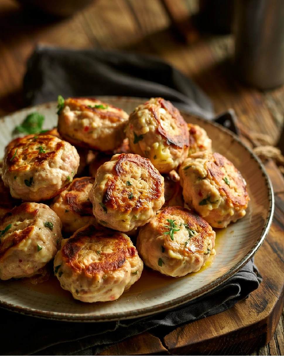 Pile of golden brown pan-fried chicken meatballs on a rustic plate, garnished with herbs.