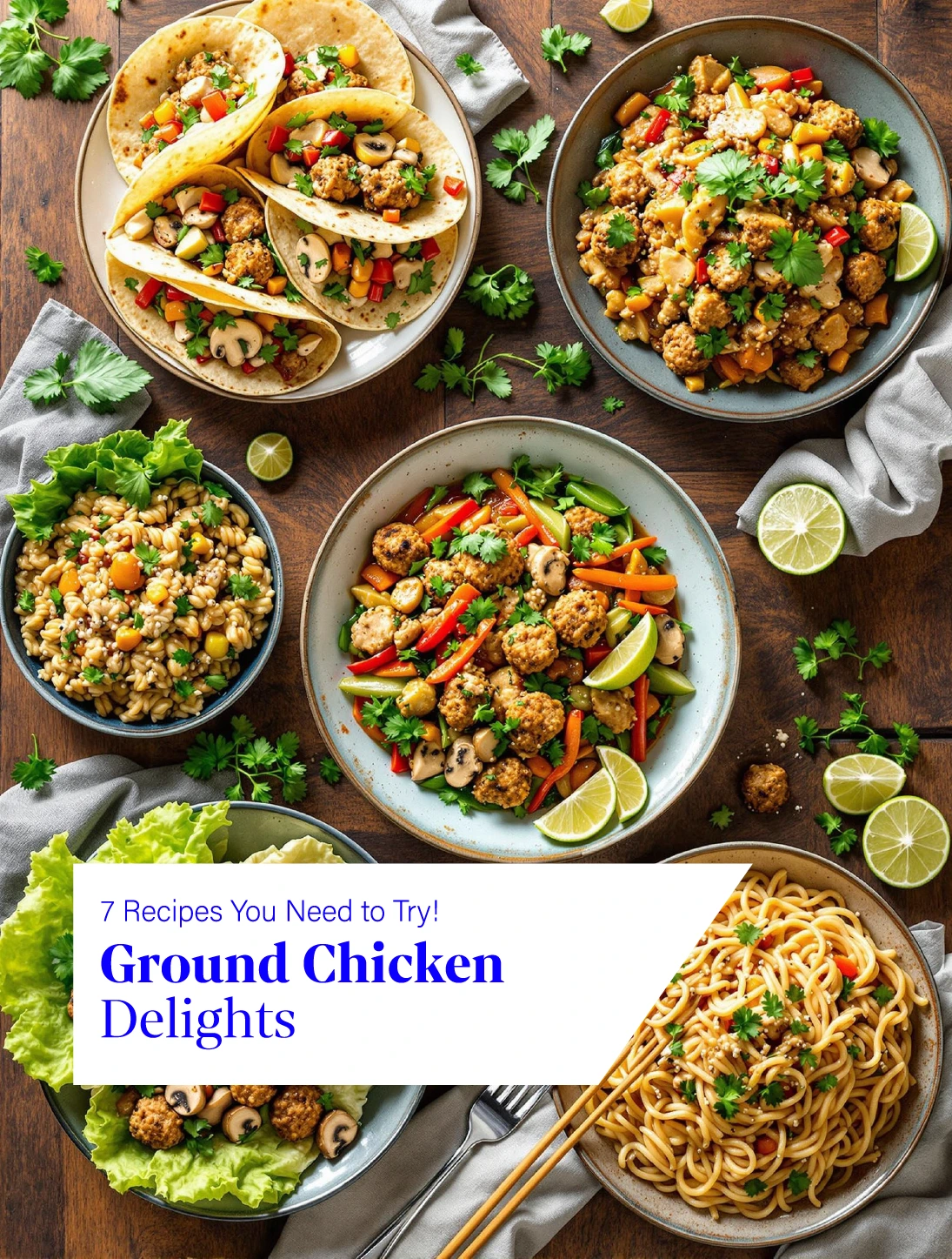 Assortment of ground chicken dishes including grain bowls, stir-fry, and salad wraps.