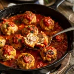 Juicy chicken meatballs simmering in homemade marinara sauce in a black cast iron skillet, illustrating an easy recipe.