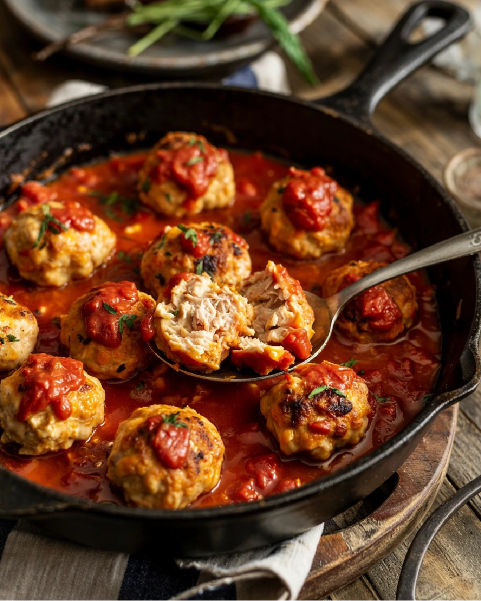 Juicy chicken meatballs simmering in homemade marinara sauce in a black cast iron skillet, illustrating an easy recipe.
