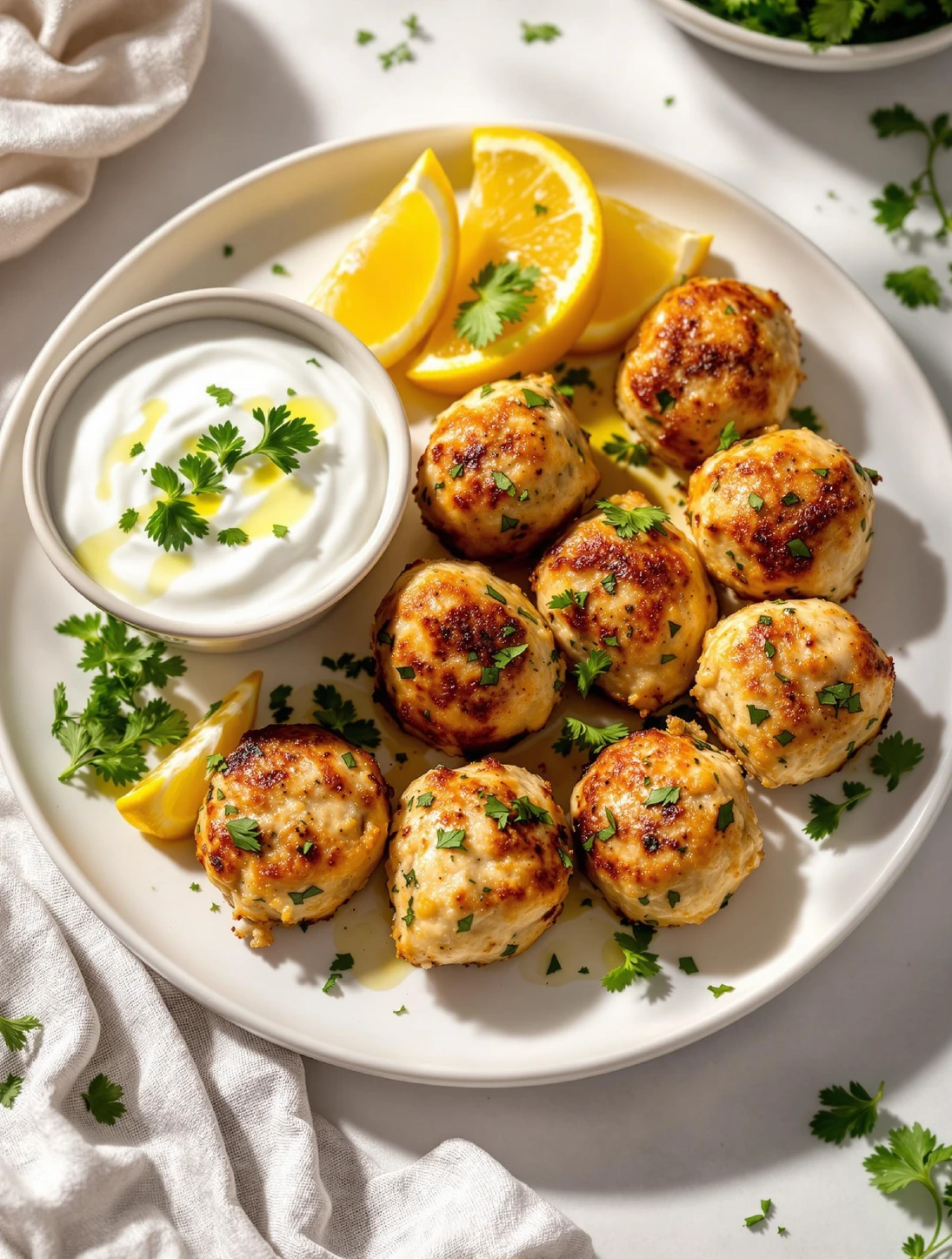Mediterranean Lemon Herb Chicken Meatballs. Close-up image showing juicy chicken meatballs garnished with fresh herbs and a lemon wedge.