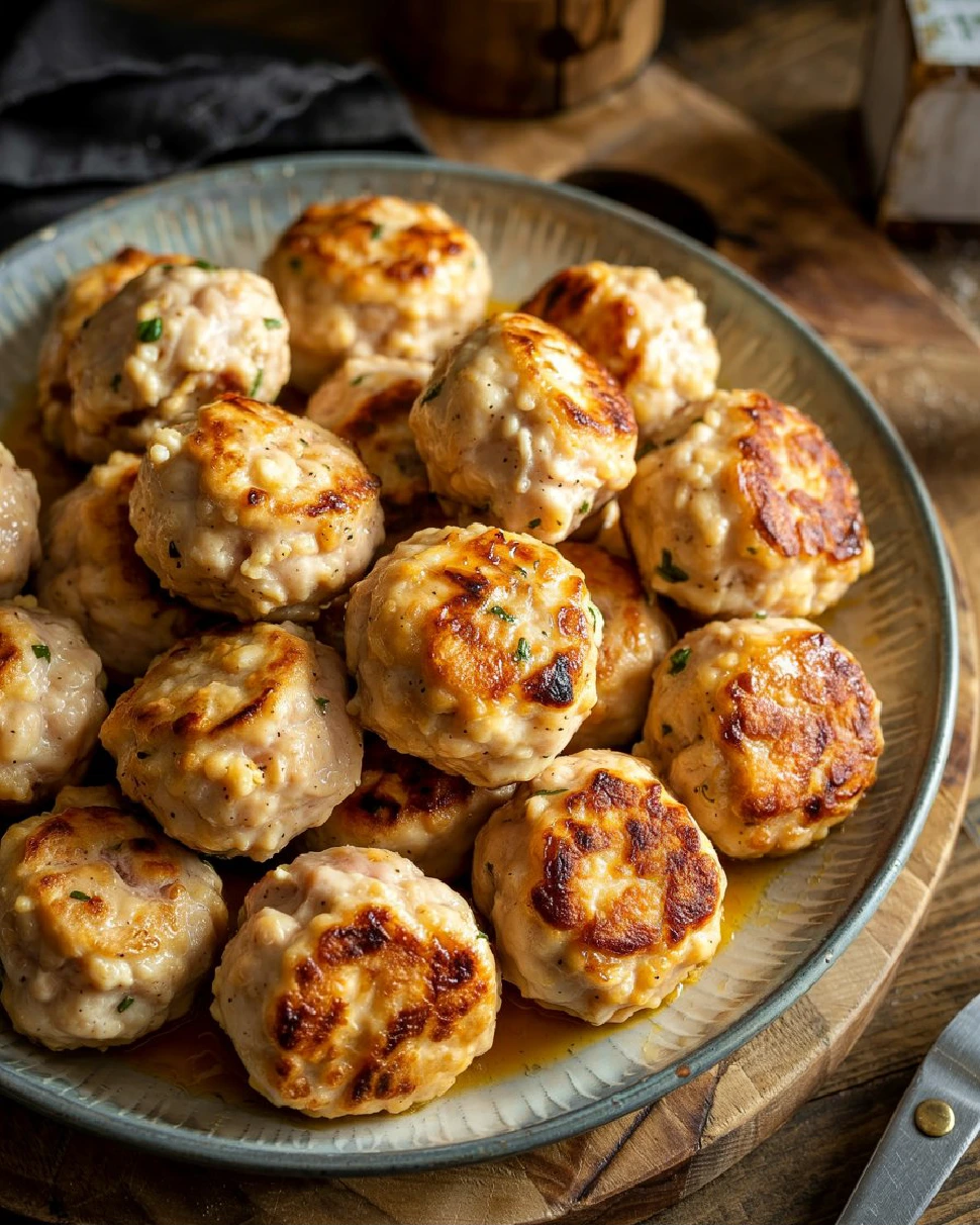 Plate of golden-brown, juicy chicken meatballs.
