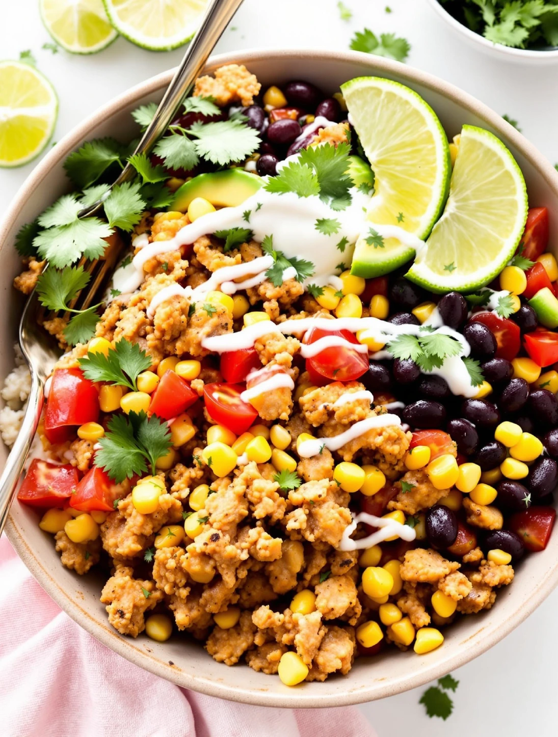 Speedy Chicken Taco Bowl Recipe. Image shows a delicious bowl filled with seasoned ground chicken, rice, beans, and fresh toppings.