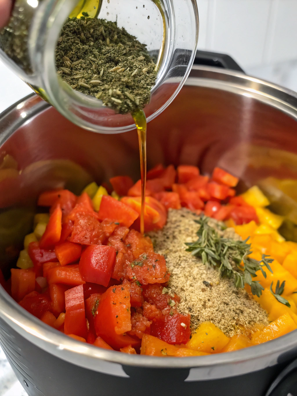 Herbs Being Added to Instant Pot