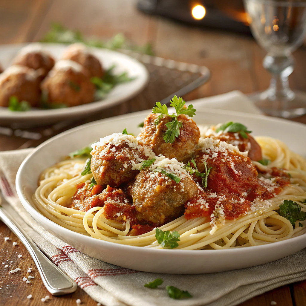 Delicious spaghetti and turkey meatballs with tomato sauce, parmesan, and parsley, served in a white bowl