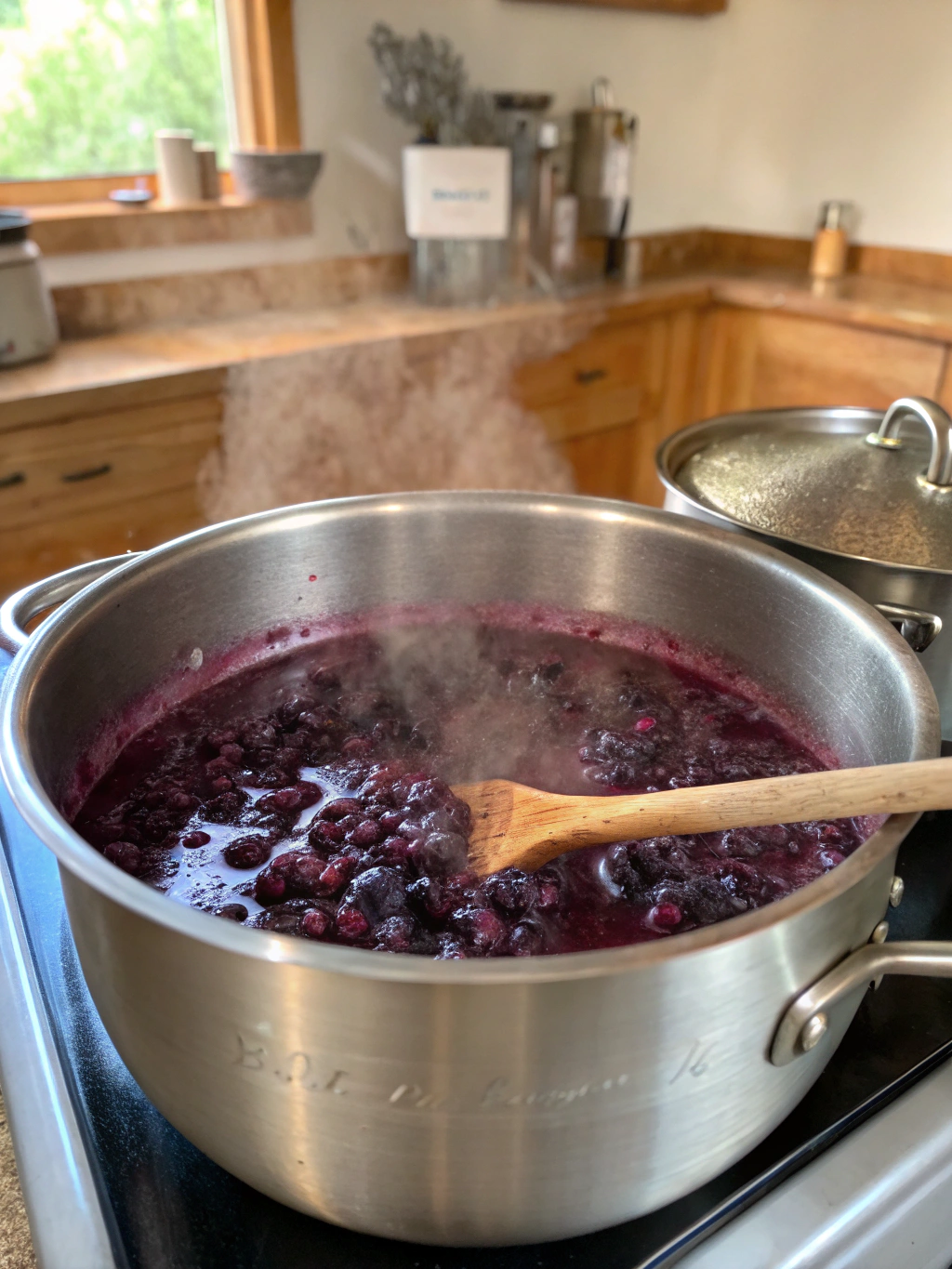 Steaming pot of concord grapes cooking on the stove for homemade grape jelly.