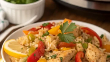 Delicious Instant Pot Chicken and Rice Recipe Instant Pot Chicken and Rice with Bell Peppers and Lemon Wedges
