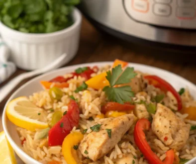 Instant Pot Chicken and Rice with Bell Peppers and Lemon Wedges