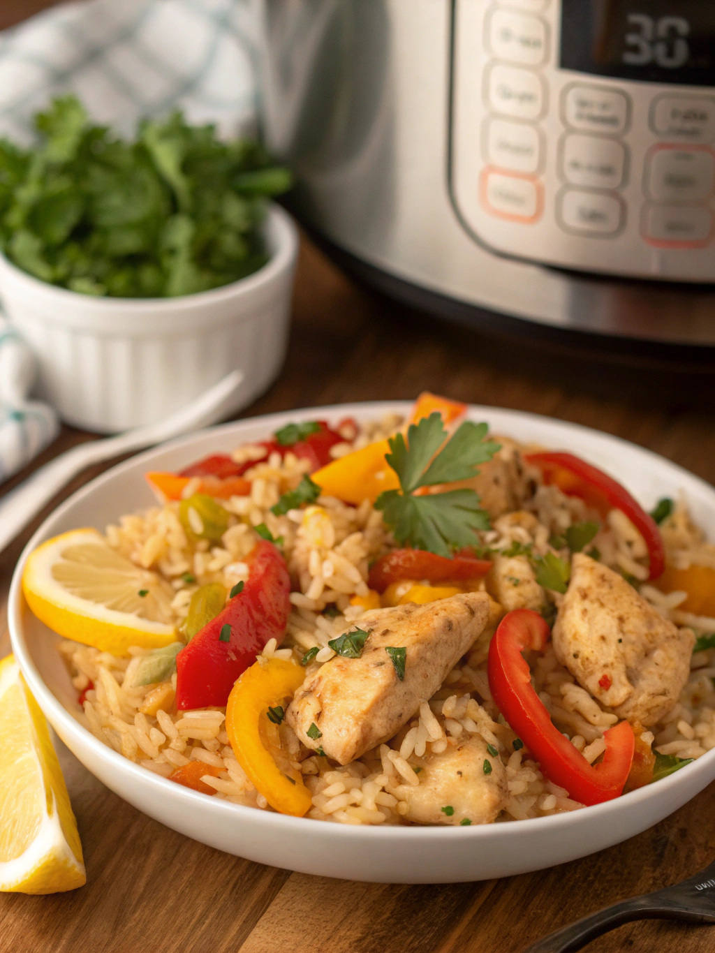 Instant Pot Chicken and Rice with Bell Peppers and Lemon Wedges