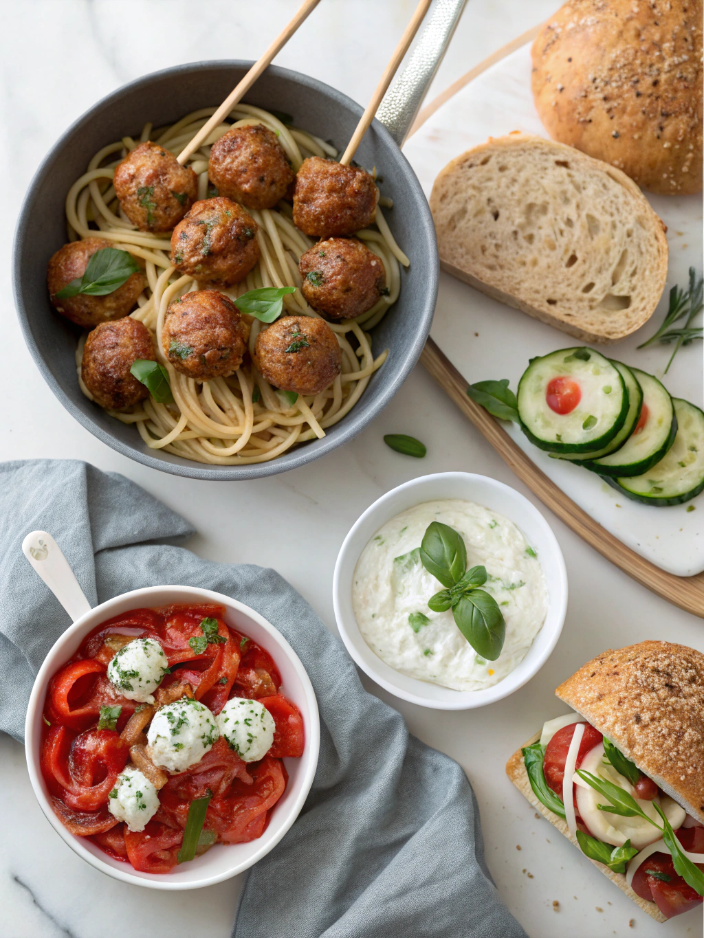 Delicious meal with Spaghetti and Meatballs, with a pepper and mozzarella salad and a sandwich on a marble table.