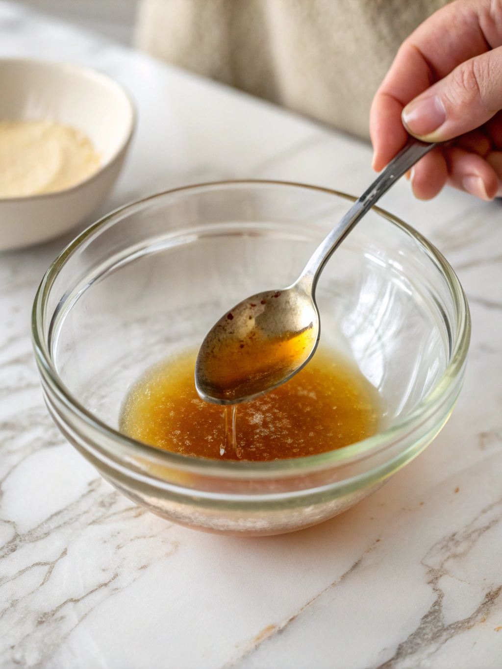 Oil in a glass bowl with a spoon.