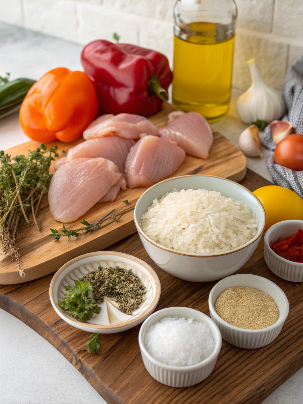 Ingredients for Instant Pot Chicken and Rice on Wooden Board