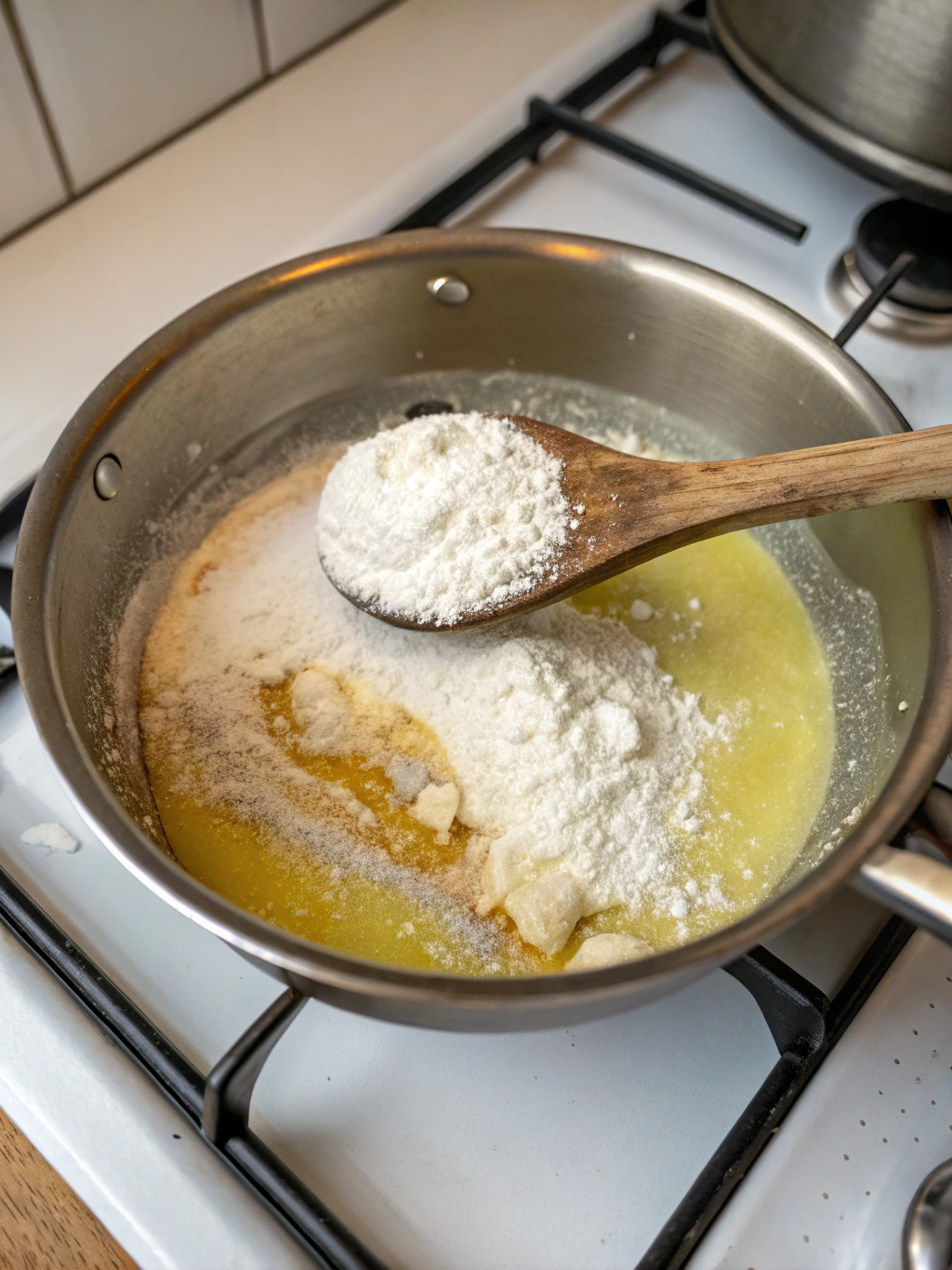 Adding flour for the roux of the gravy