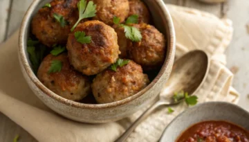 Healthy Turkey Meatballs Recipe with Marinara Sauce Turkey Meatballs in Bowl. Healthy and flavorful turkey meatballs served with marinara sauce and garnished with parsley.