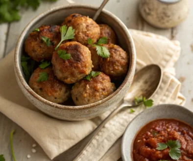 Turkey Meatballs in Bowl. Healthy and flavorful turkey meatballs served with marinara sauce and garnished with parsley.