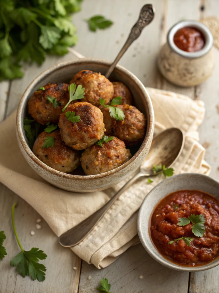 Turkey Meatballs in Bowl. Healthy and flavorful turkey meatballs served with marinara sauce and garnished with parsley.