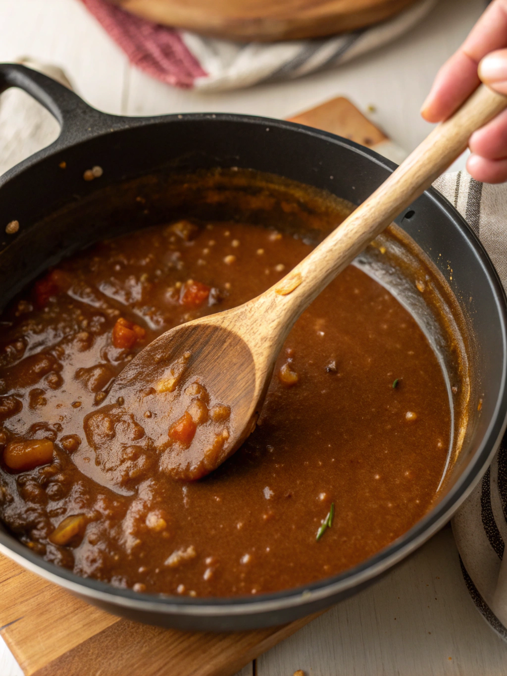 Stirring rich, savory gravy in a skillet.