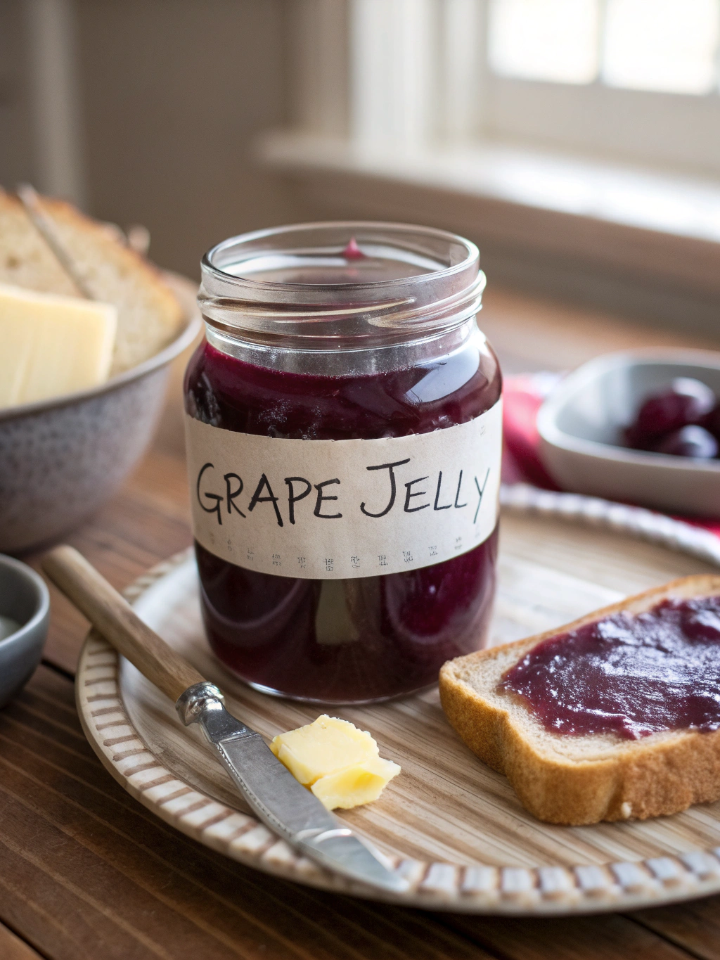 Jar of homemade grape jelly on a wooden tray with bread and butter.