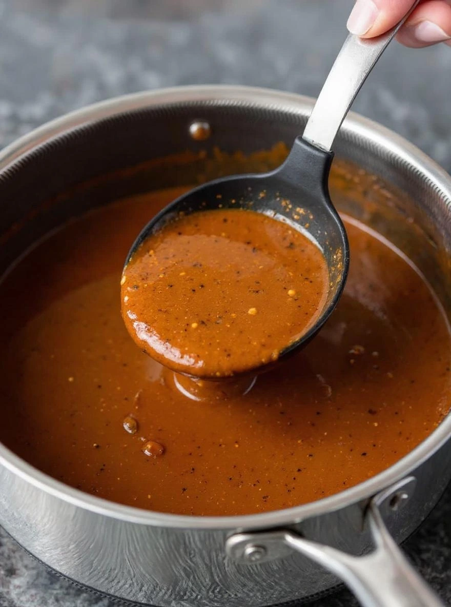 Close-up of rich, brown homemade gravy being ladled from a gleaming stainless steel saucepan into a serving dish, showing its smooth texture and steam.