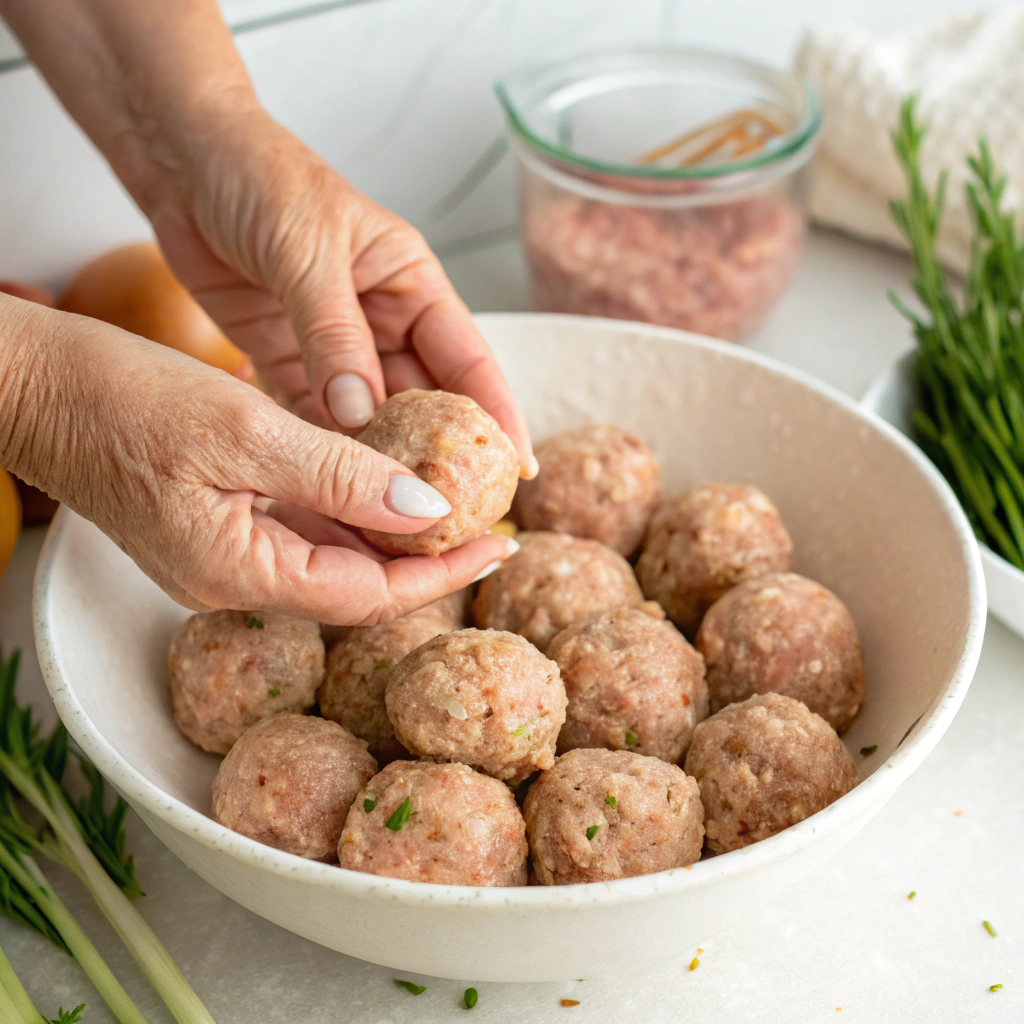 Preparing turkey meatballs. Close-up of hands shaping raw turkey meatballs in a white bowl.
