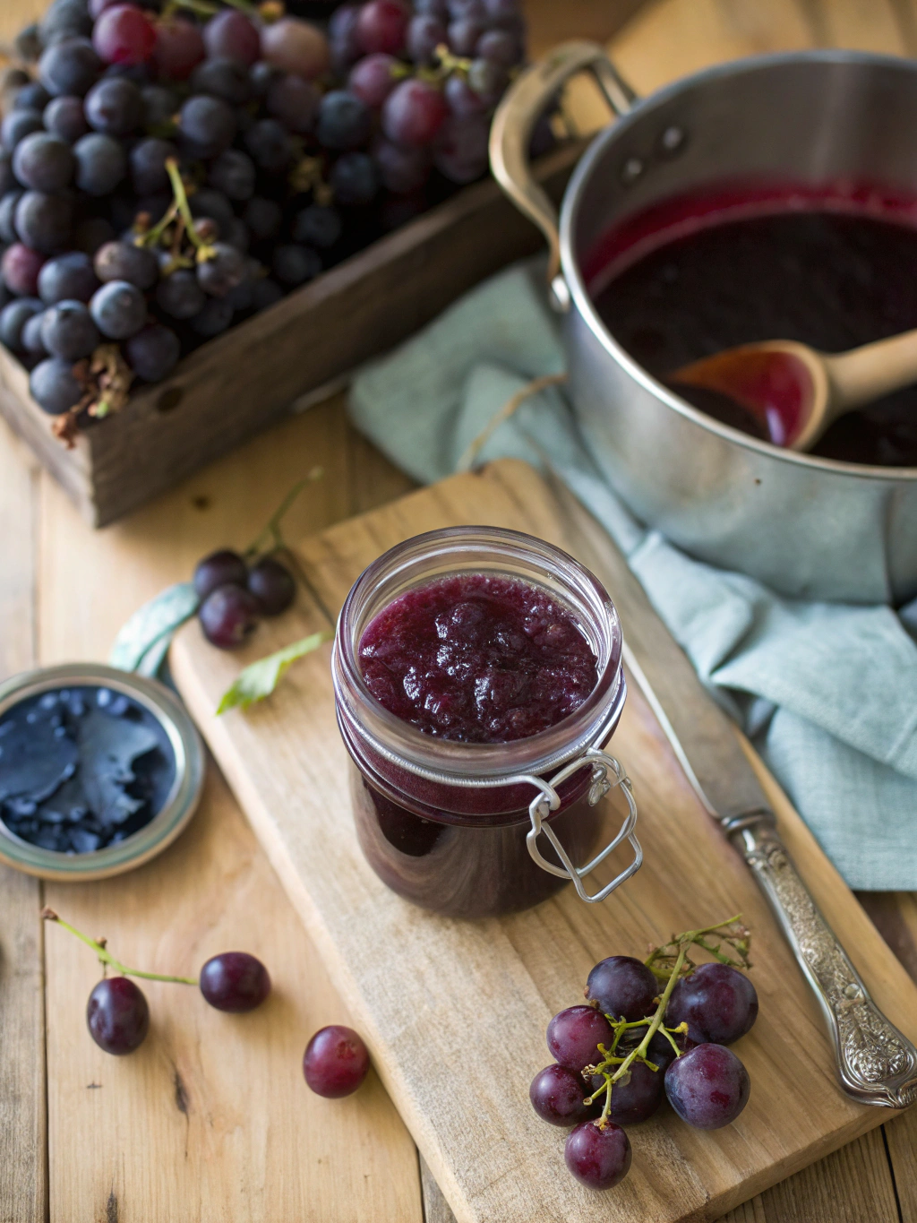 Fresh grapes, pot of grape pulp, and jar of homemade grape jelly on a wooden surface.