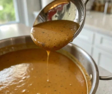 Creamy homemade gravy being ladled.