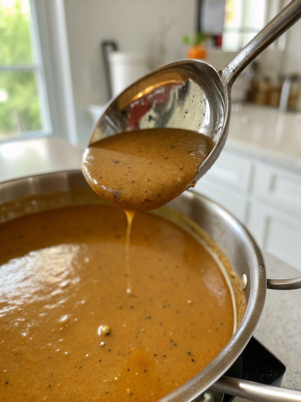 Creamy homemade gravy being ladled.