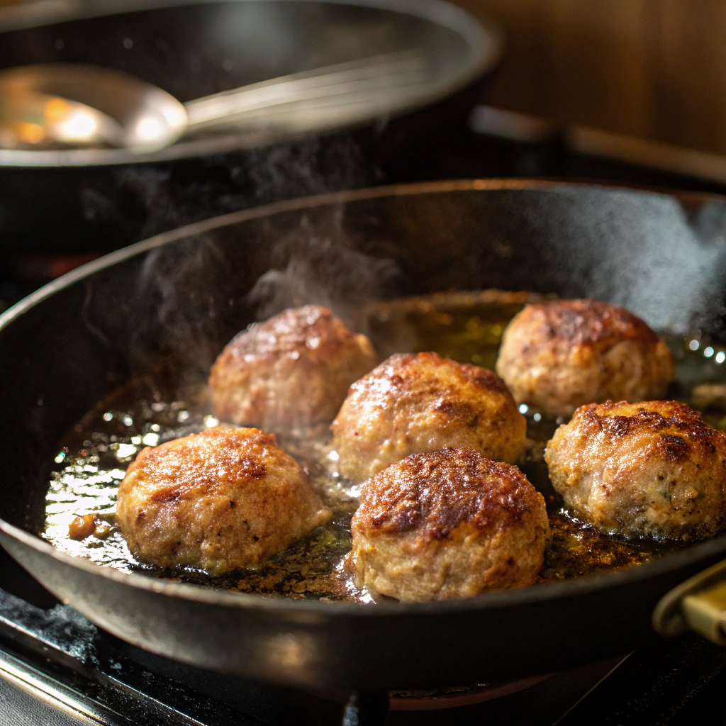 TM being pan-fried in a skillet for a crispy exterior.
